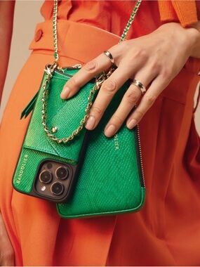 Bandolier Green Leather Mini Crossbody Phone Pouch with Gold Chain 16 Pro max
